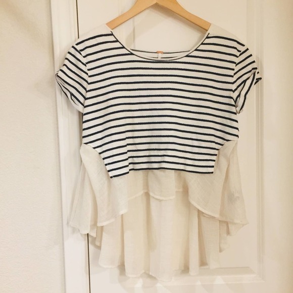 FREE PEOPLE Navy Striped High Lo Crop Casual Top XS Oversized French Kiss - Picture 3 of 6